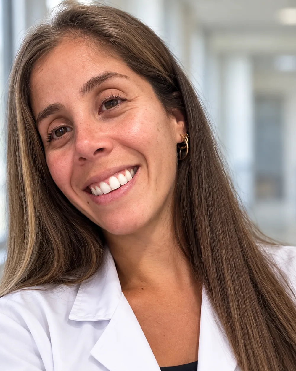 La Lic. Estefanía Vega, con bata blanca, en su gabinete
